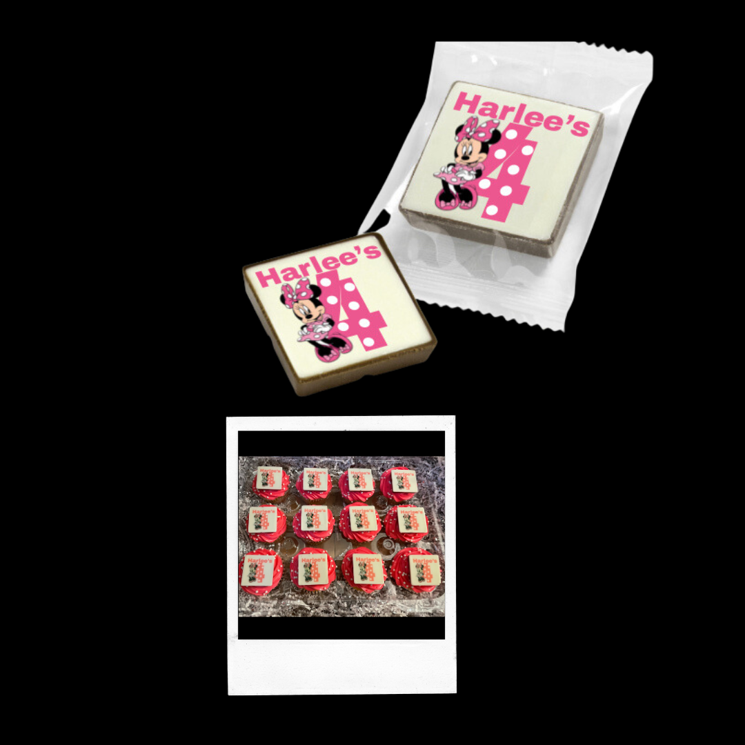 A DOZEN CUPCAKES WITH PRINTED CHOCOLATE SQUARES